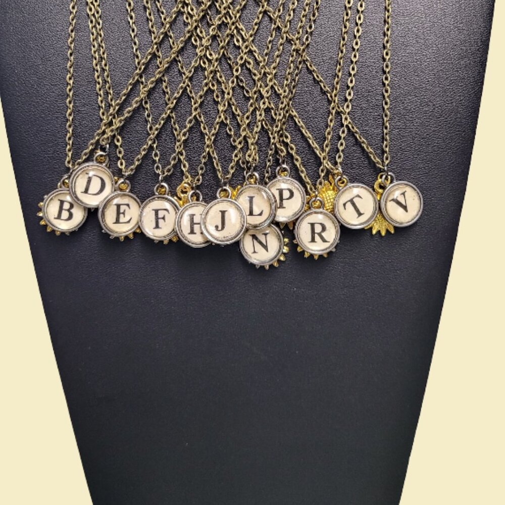 Vintage Typewriter Key (Tim Holtz) Initials Gold Plated Sunflower Charm Necklace - Picture 12 of 14